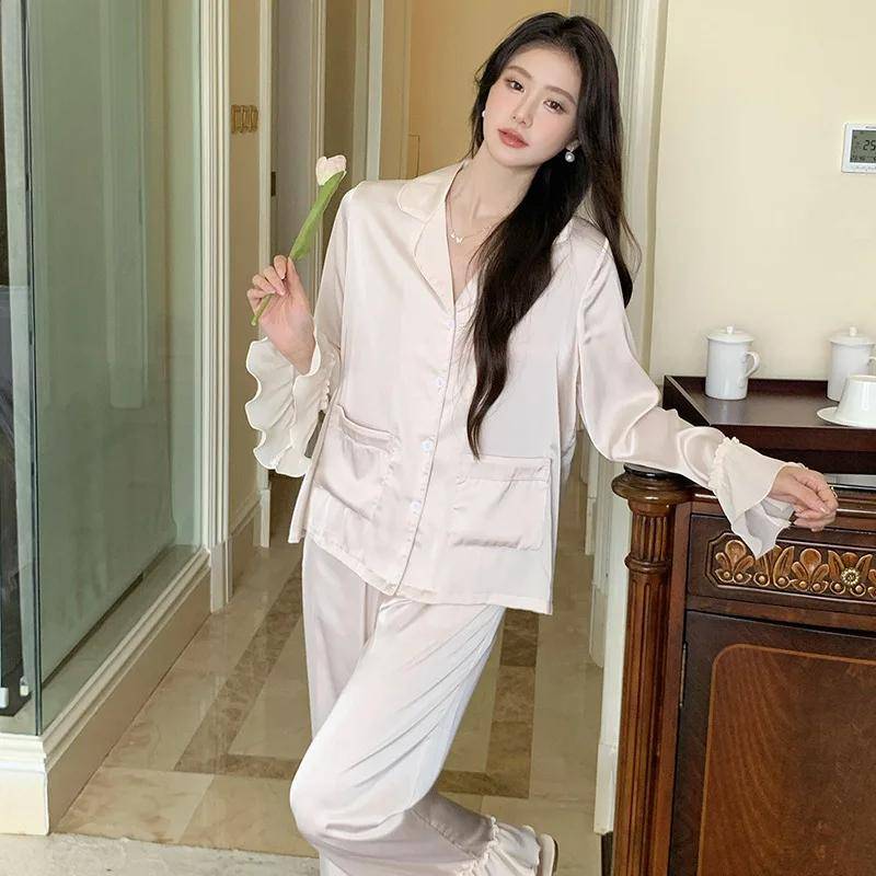 Französischer Pyjama-Anzug, neuer Pyjama aus Eisseide, langärmelig, dünn und locker, für Damen, Heimkleidung XL von Joom DACH