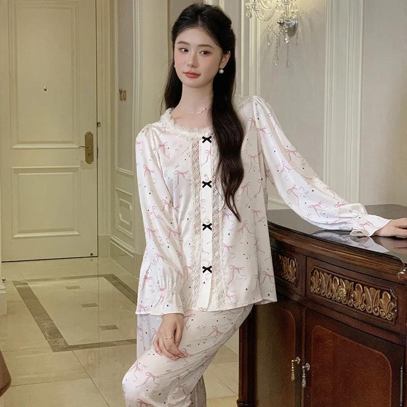 Französischer Pyjama Damen Langarmhose Süßer Rundhalsausschnitt Prinzessinnenstil Eisseidenanzug Bedruckter Pyjama Homewear Oberbekleidung XL weiß von Joom DACH