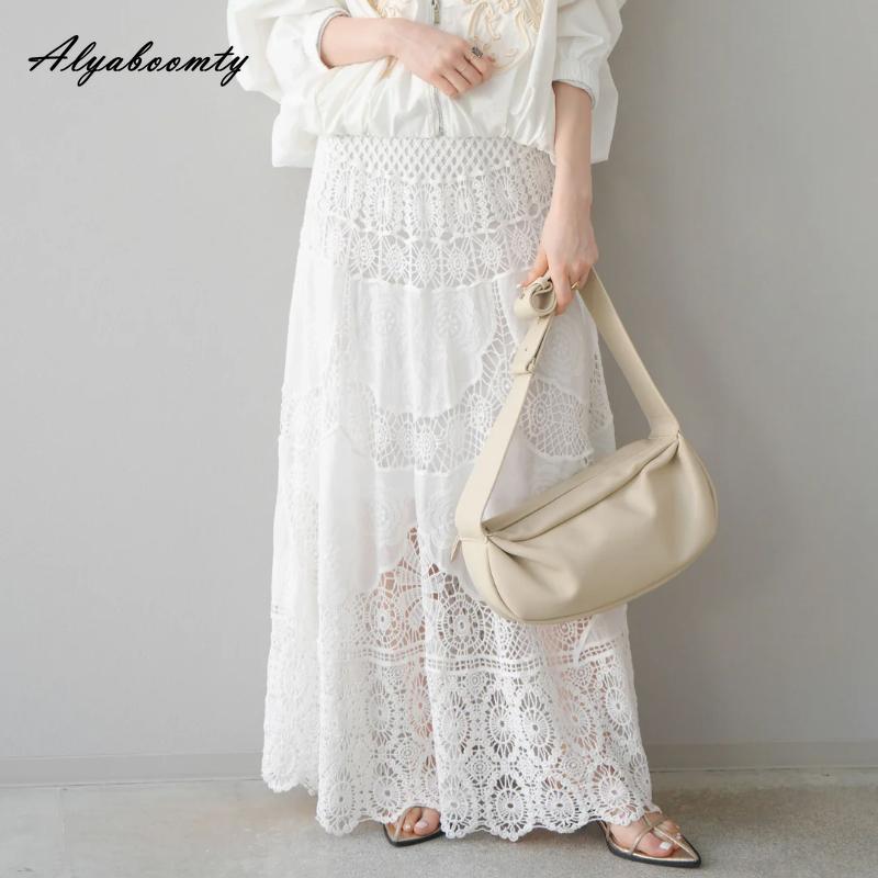 Französischer Stil Frühling Sommer Frauen Maxi Langer Rock Hohe Taille Weißer Fee Partyrock Elegante Feminine Stickerei Aushöhlen Röcke Damen One Size weiß von Joom DACH