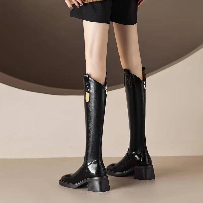 Französischer Stil V-Knie Lange Stiefel Damen Herbst Winter Neue Vielseitige Britische Stiefel Dicke Sohlen Hohe Absätze 40 von Joom DACH