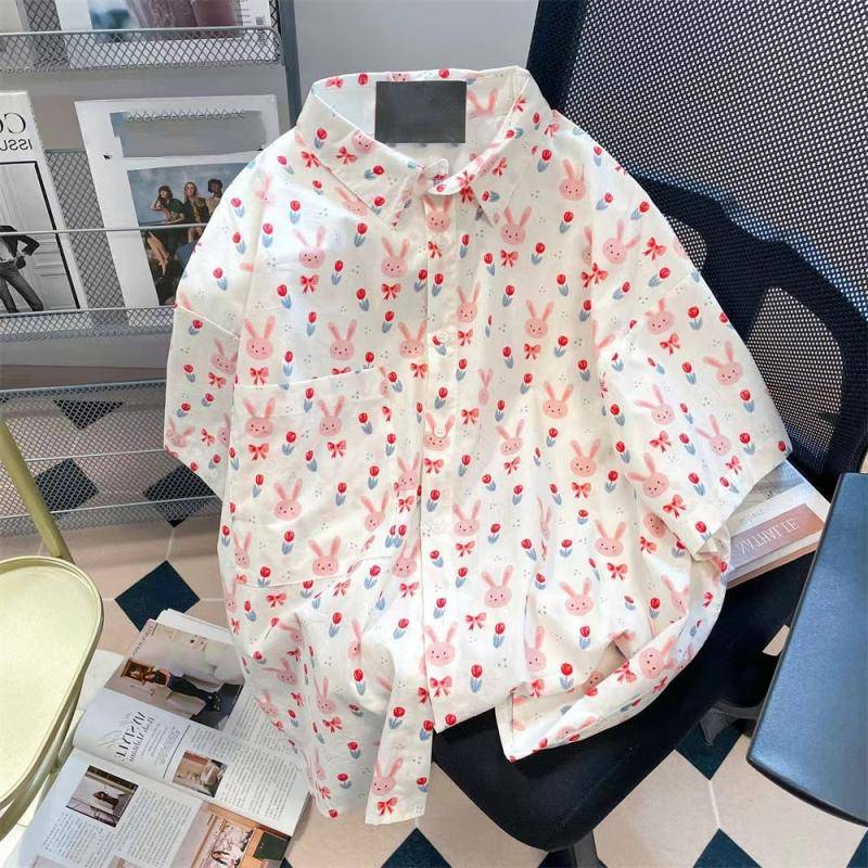 Französisches süßes Kaninchen-Druck-Frauen-Shirt Sommer lockere und süße kurzärmelige Damenbluse einzigartiges Sonnenschutz-Cardigan-Top M von Joom DACH