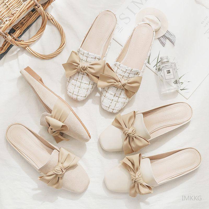 Frau Maultiere Sommer Close Toe Frauen Hausschuhe Bowtie Faul Rutschen Flache Ferse Mädchen Hausschuhe Koreanische Outdoor-Flip-Flops 42 von Joom DACH