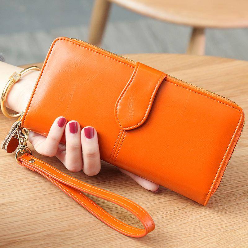 Frauen 3-fach Brieftasche Geld Clip Hohe Qualität Wristlet Clutch Leder Lange Geldbörse Weiblichen Kartenhalter orange von Joom DACH