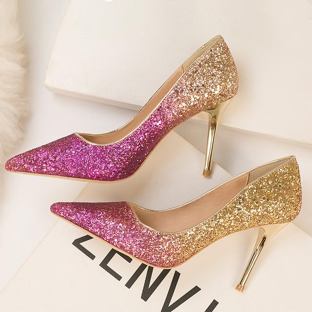 Frauen 9cm High Heels Glitter Scarpins Pailletten Stiletto Heels Pumps Dame Hochzeit Braut Gradienten Bling Blau Escarpins Party Schuhe 39 violett von Joom DACH