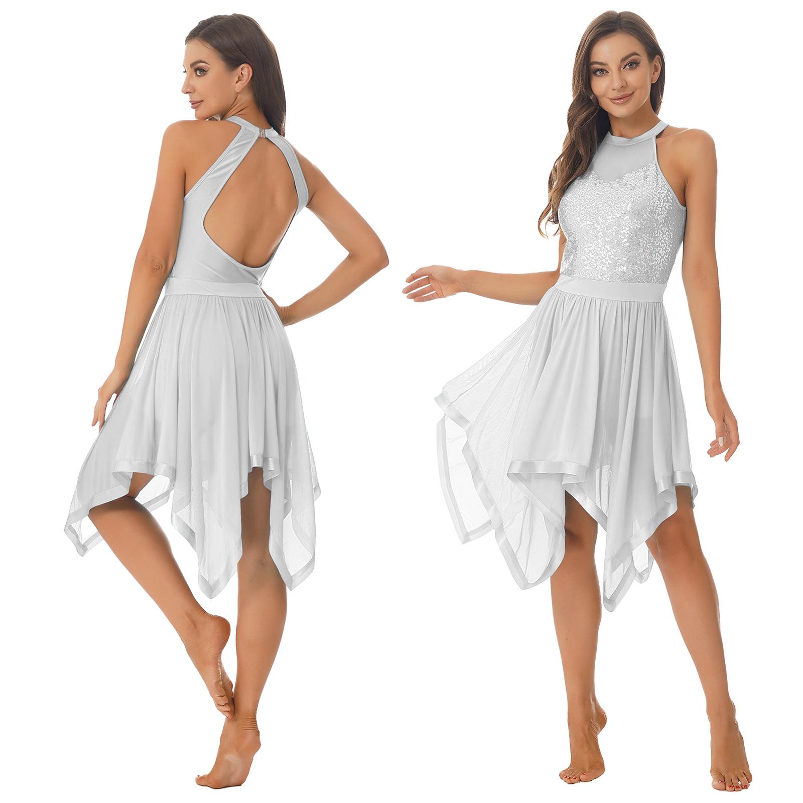Frauen Ärmelloses Rückenfreies Lyrical Dance Ballett Trikot Kleid Glänzende Pailletten Mesh Eiskunstlauf Kleid Performance Dancewear M weiß von Joom DACH