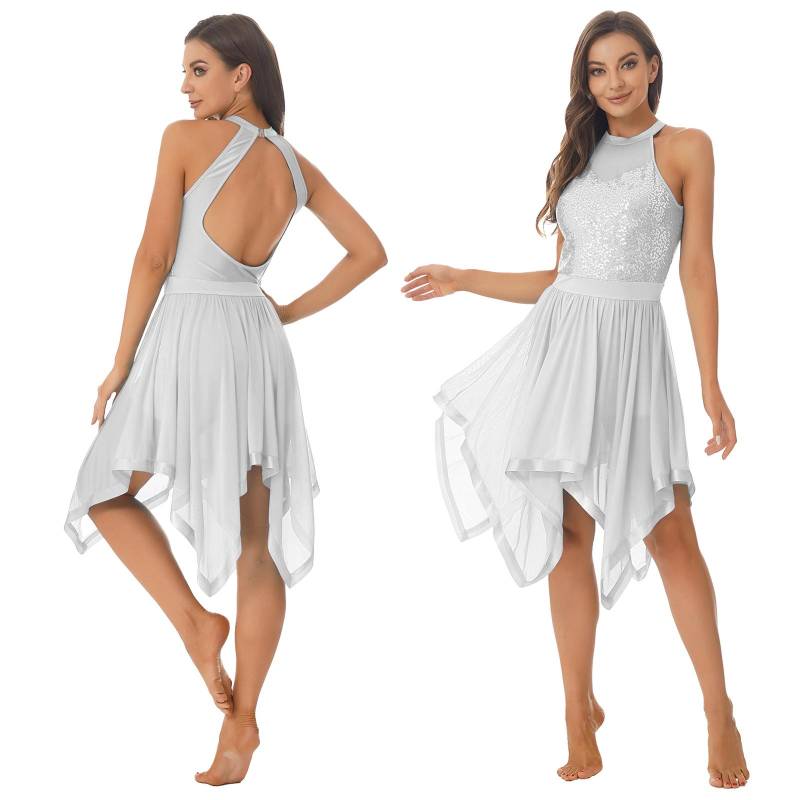 Frauen Ärmelloses Rückenfreies Lyrical Dance Ballett Trikot Kleid Glänzende Pailletten Mesh Eiskunstlauf Kleid Performance Dancewear M weiß von Joom DACH