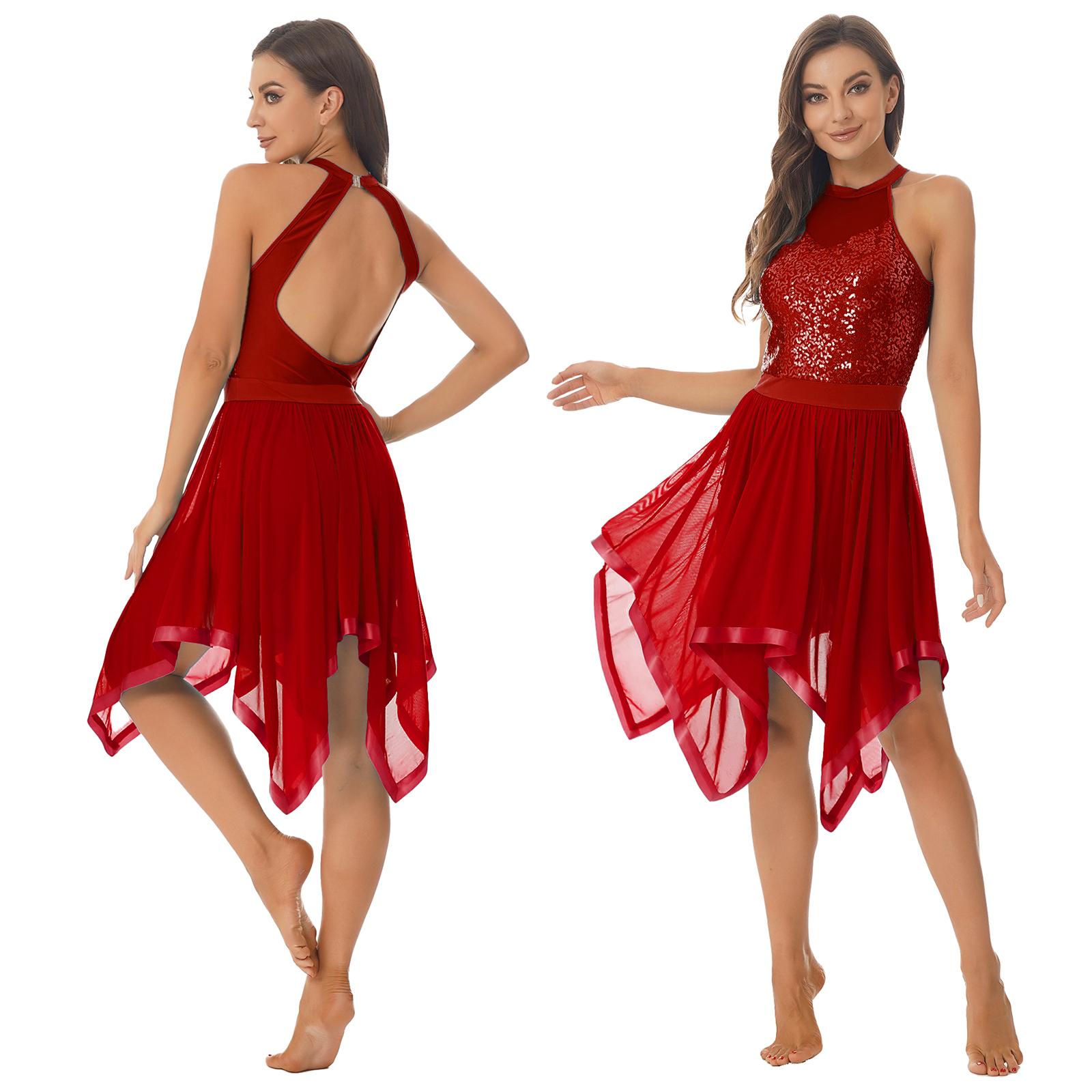 Frauen Ärmelloses Rückenfreies Lyrical Dance Ballett Trikot Kleid Glänzende Pailletten Mesh Eiskunstlauf Kleid Performance Dancewear S bordeaux von Joom DACH