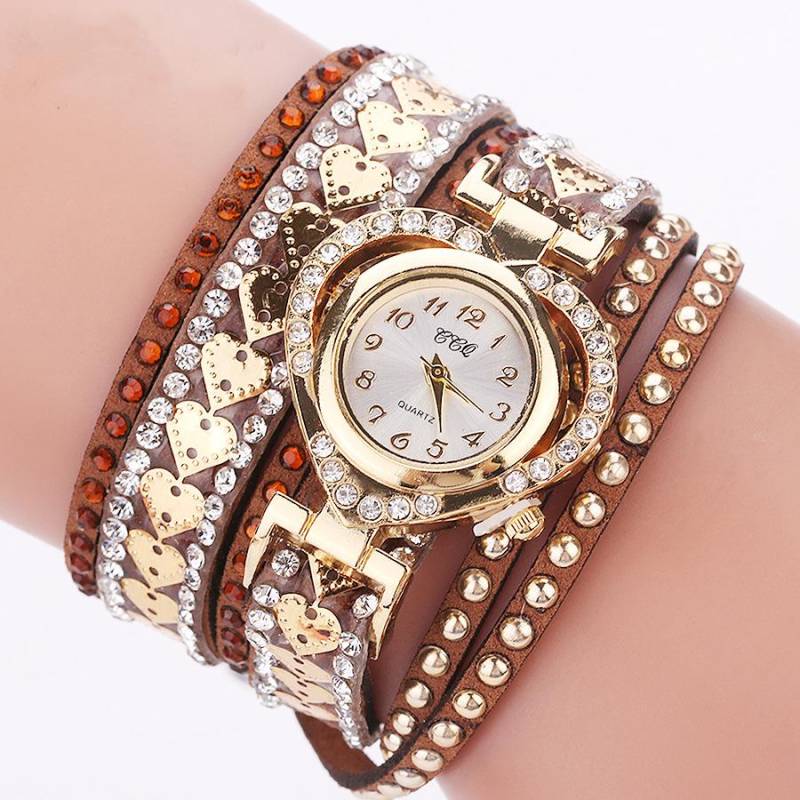 Frauen Armband Leder Quarz Strass Armbanduhren Uhr Damen Kleid Uhren Geschenk braun von Joom DACH
