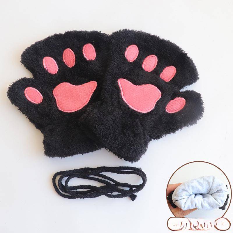 Frauen Bär Plüsch Katze Pfote Kralle Handschuhe Winter Kunstpelz Niedliche Kätzchen Fingerlose Fäustlinge Handschuhe Weihnachten Halloween für Damen schwarz von Joom DACH