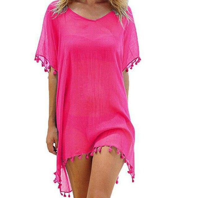 Frauen Beachwear Bademode Quaste Bikini Cover Up Sommer Kaftan Sarong Strandkleid one size rosa von Joom DACH