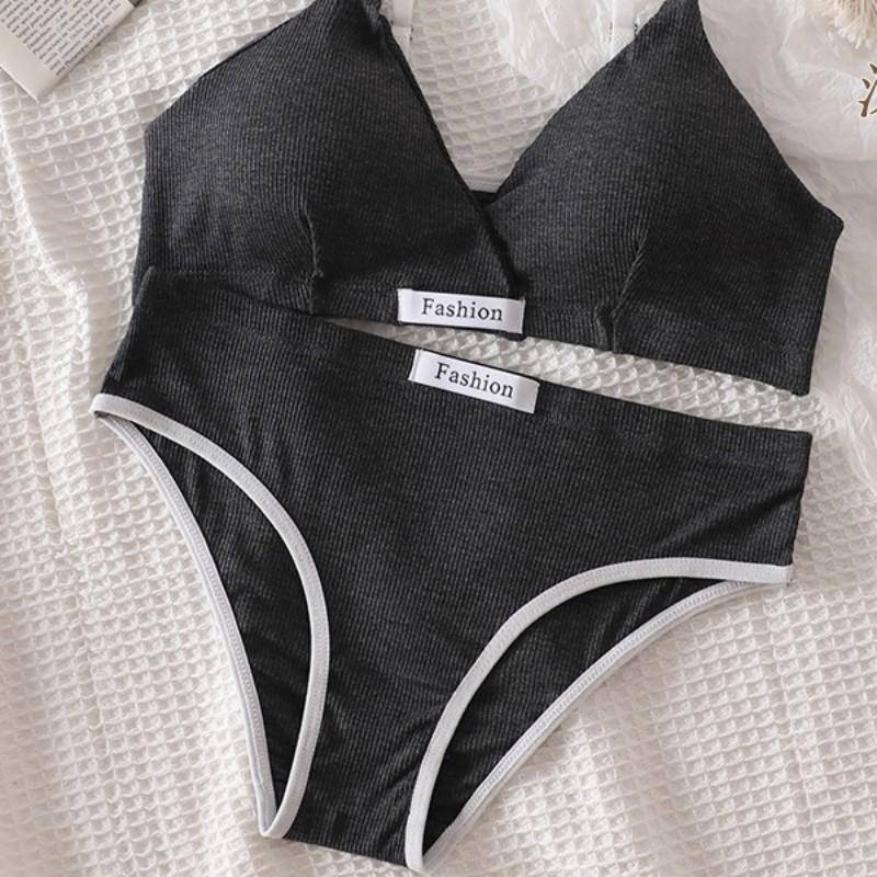 Frauen Bh Set Sexy Slip Low Taille Höschen Draht Frei Bh Bralette Dessous Büstenhalter Weibliche Baumwolle Unterwäsche Set One Size dunkelgraue von Joom DACH