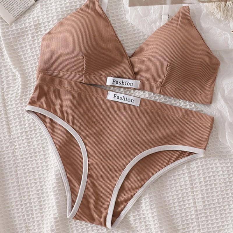 Frauen Bh Set Sexy Slip Low Taille Höschen Draht Frei Bh Bralette Dessous Büstenhalter Weibliche Baumwolle Unterwäsche Set One Size khaki von Joom DACH