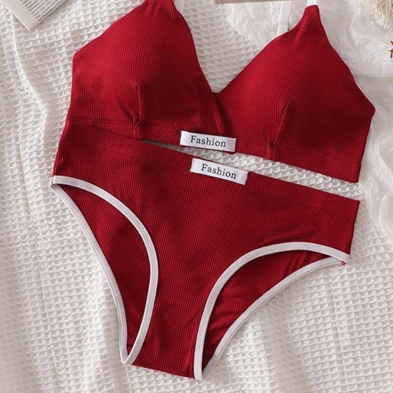 Frauen Bh Set Sexy Slip Low Taille Höschen Draht Frei Bh Bralette Dessous Büstenhalter Weibliche Baumwolle Unterwäsche Set One Size rot von Joom DACH