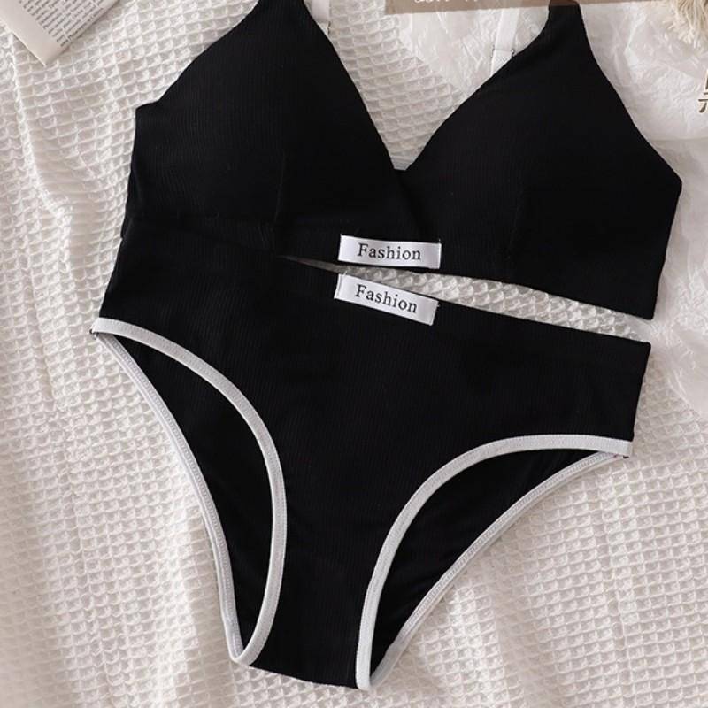 Frauen Bh Set Sexy Slip Low Taille Höschen Draht Frei Bh Bralette Dessous Büstenhalter Weibliche Baumwolle Unterwäsche Set One Size schwarz von Joom DACH