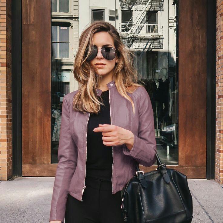 Frauen Bike Mantel PU Leder Outwear Zipper Outfit Herbst Winter Wome Mode Kurze Dünne Weibliche Jacke M licht lila von Joom DACH