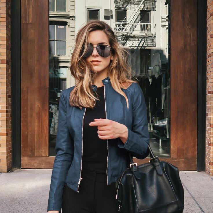 Frauen Bike Mantel PU Leder Outwear Zipper Outfit Herbst Winter Wome Mode Kurze Dünne Weibliche Jacke M denim-blau von Joom DACH