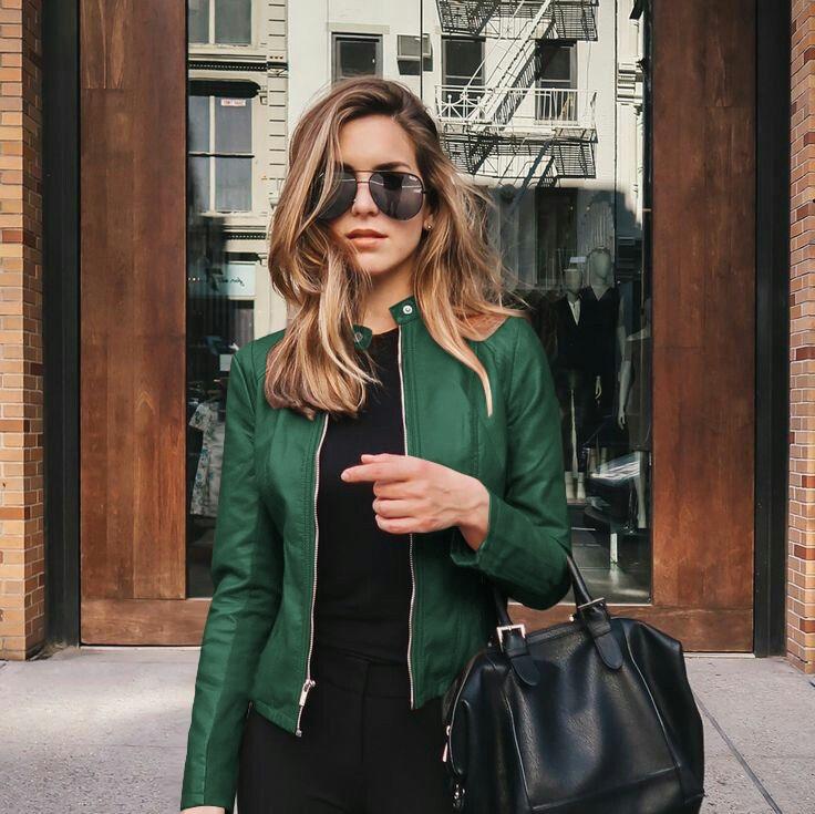 Frauen Bike Mantel PU Leder Outwear Zipper Outfit Herbst Winter Wome Mode Kurze Dünne Weibliche Jacke M grün von Joom DACH