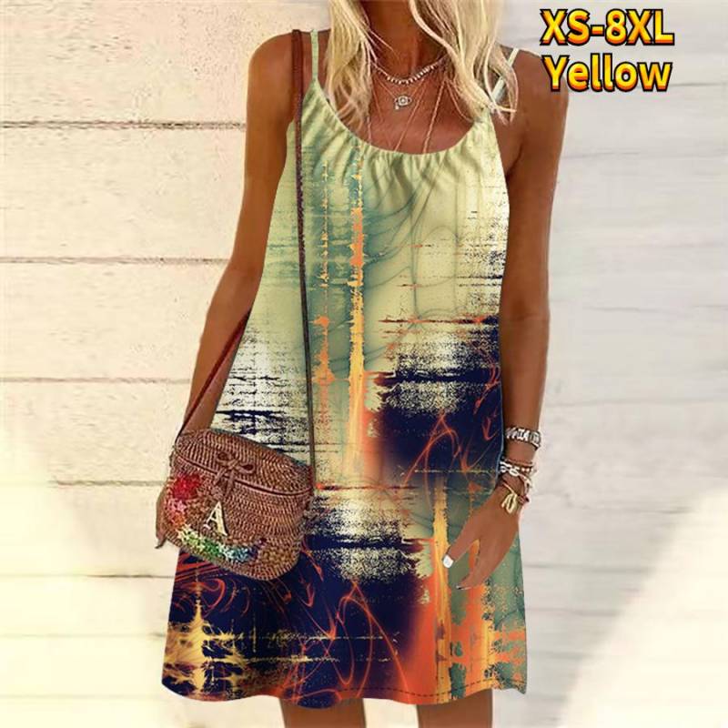 Frauen Blume Bunte Tinte Gedruckt Mini Kleid Ärmelloses Party Kleid Sommer Strand Kleid Sommerkleid 8XL gelb von Joom DACH