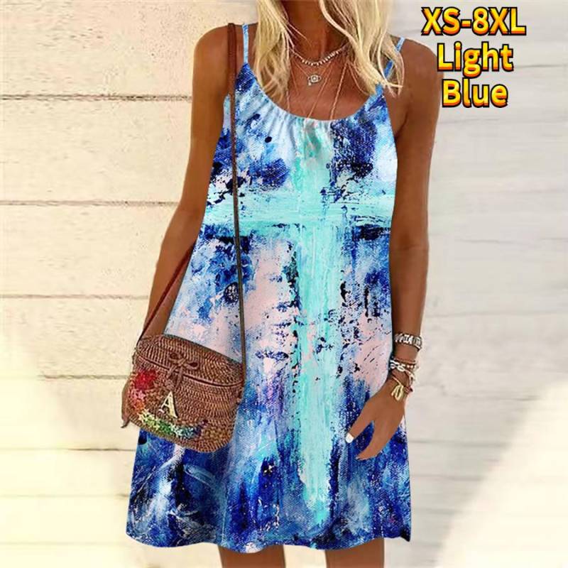 Frauen Blume Bunte Tinte Gedruckt Mini Kleid Ärmelloses Party Kleid Sommer Strand Kleid Sommerkleid 8XL hellblaue von Joom DACH