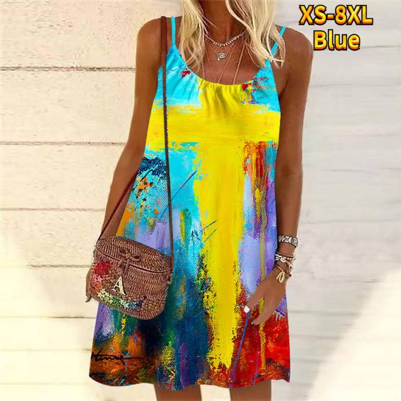 Frauen Blume Bunte Tinte Gedruckt Mini Kleid Ärmelloses Party Kleid Sommer Strand Kleid Sommerkleid 8XL blau von Joom DACH