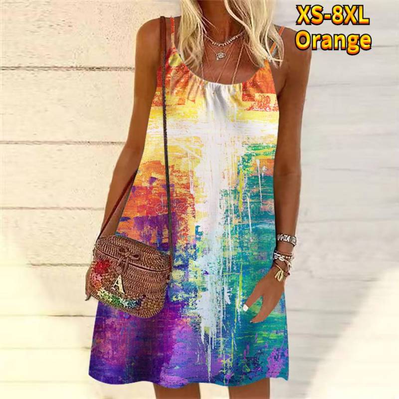 Frauen Blume Bunte Tinte Gedruckt Mini Kleid Ärmelloses Party Kleid Sommer Strand Kleid Sommerkleid 8XL orange von Joom DACH