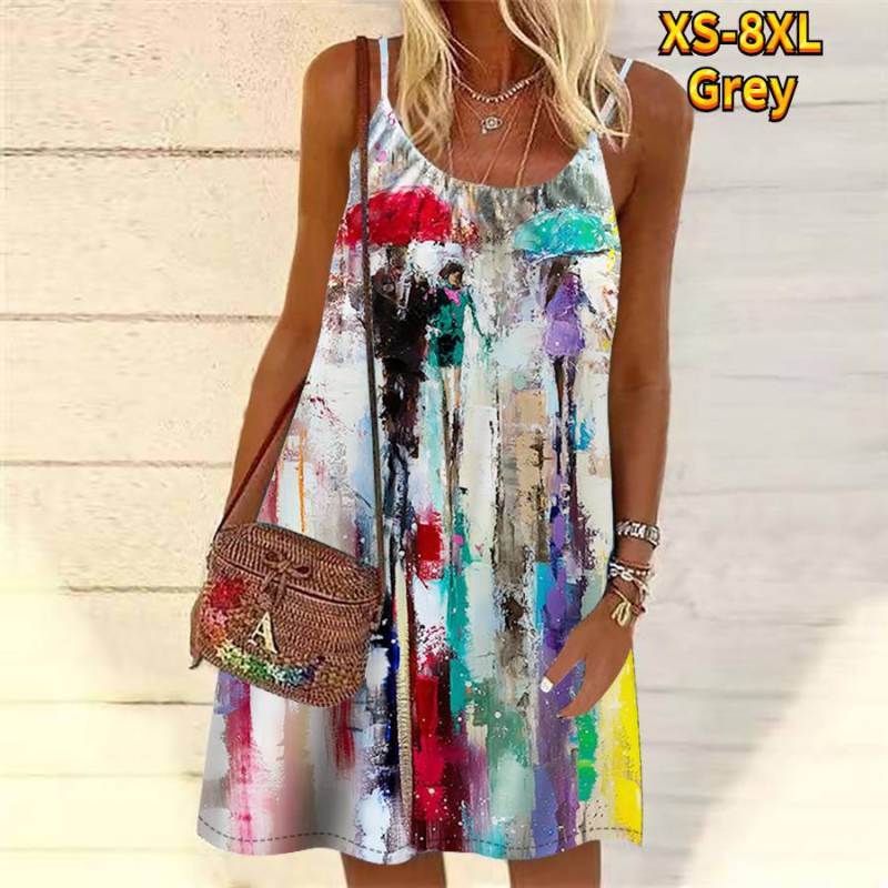 Frauen Blume Bunte Tinte Gedruckt Mini Kleid Ärmelloses Party Kleid Sommer Strand Kleid Sommerkleid XXL grau von Joom DACH
