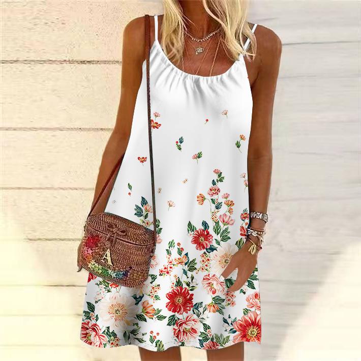 Frauen Blume Fallende Blumen Gedruckt Mini Kleid Ärmelloses Party Kleid Sommer Strand Kleid Sommerkleid 2XL von Joom DACH