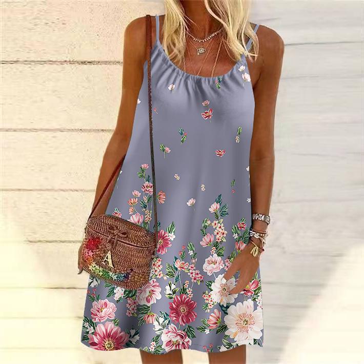 Frauen Blume Fallende Blumen Gedruckt Mini Kleid Ärmelloses Party Kleid Sommer Strand Kleid Sommerkleid 6XL grau von Joom DACH