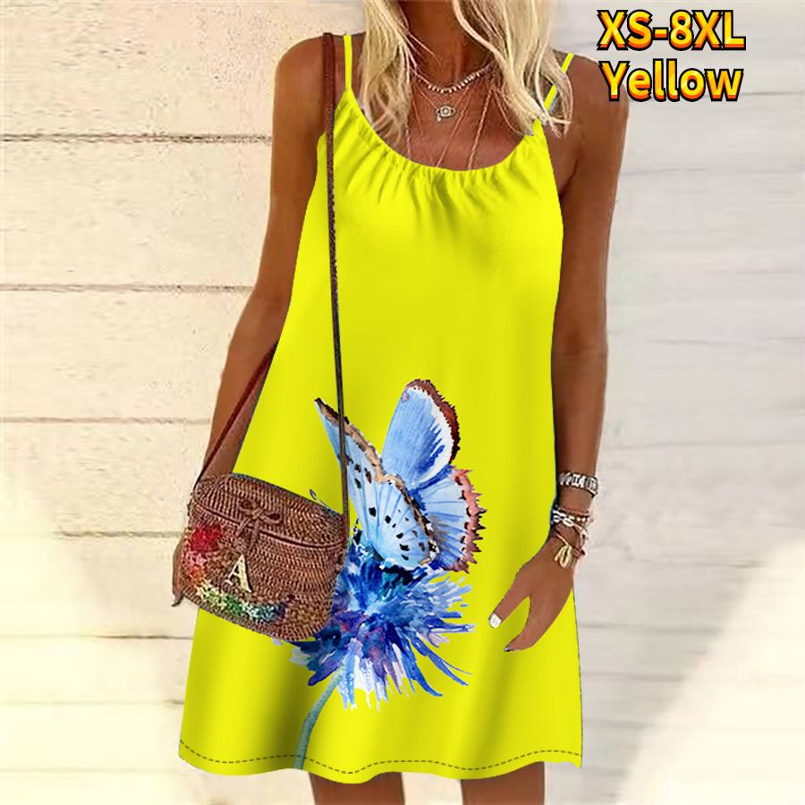 Frauen Blume Schmetterling Bestäubung Gedruckt Mini Kleid Ärmelloses Party Kleid Sommer Strand Kleid Sommerkleid 5XL gelb von Joom DACH