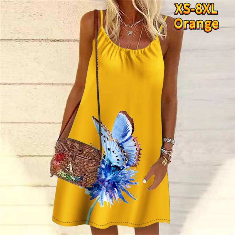 Frauen Blume Schmetterling Bestäubung Gedruckt Mini Kleid Ärmelloses Party Kleid Sommer Strand Kleid Sommerkleid 6XL orange von Joom DACH
