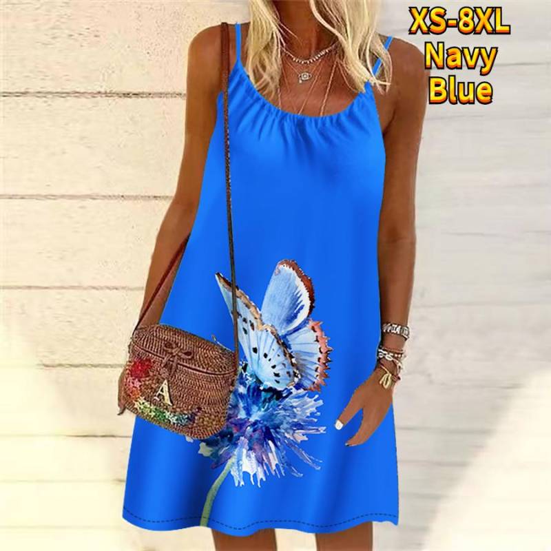 Frauen Blume Schmetterling Bestäubung Gedruckt Mini Kleid Ärmelloses Party Kleid Sommer Strand Kleid Sommerkleid 8XL navy blau von Joom DACH