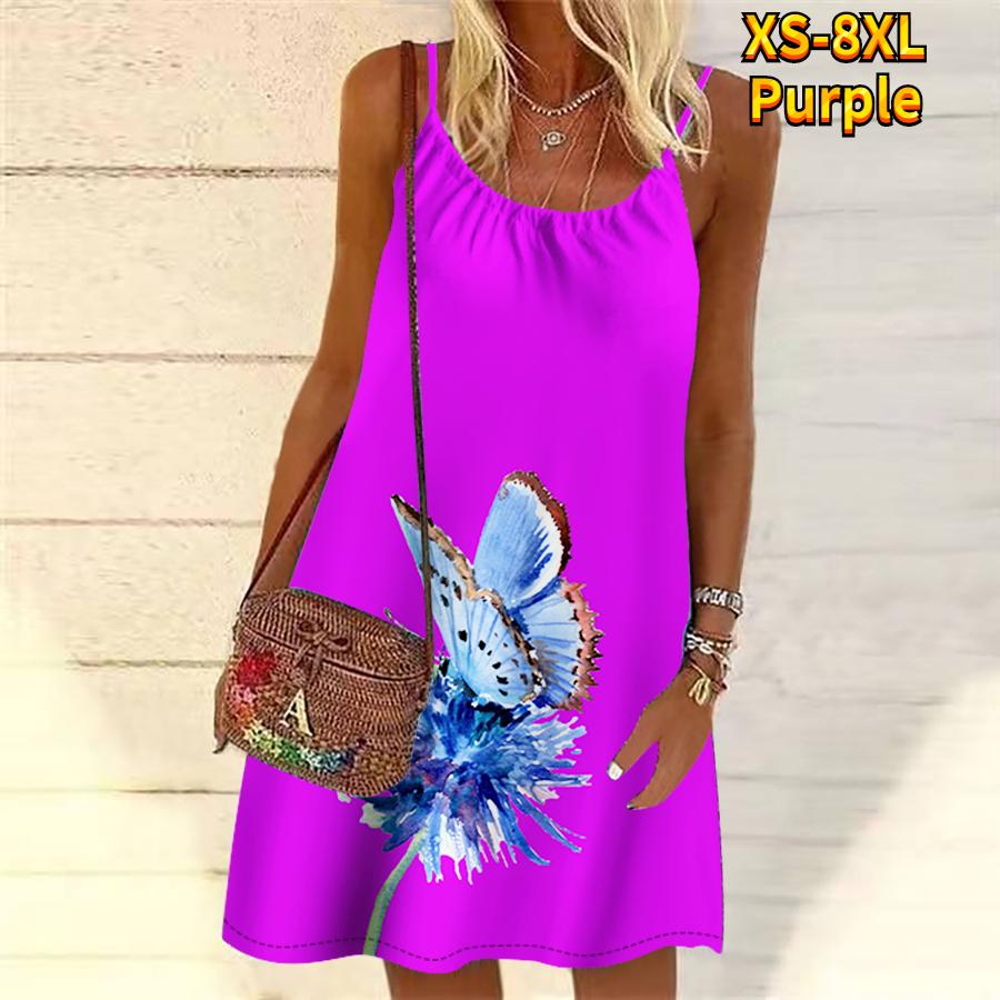 Frauen Blume Schmetterling Bestäubung Gedruckt Mini Kleid Ärmelloses Party Kleid Sommer Strand Kleid Sommerkleid 8XL von Joom DACH
