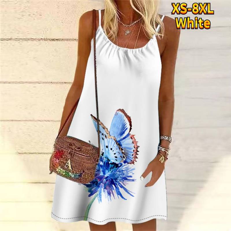 Frauen Blume Schmetterling Bestäubung Gedruckt Mini Kleid Ärmelloses Party Kleid Sommer Strand Kleid Sommerkleid L weiß von Joom DACH