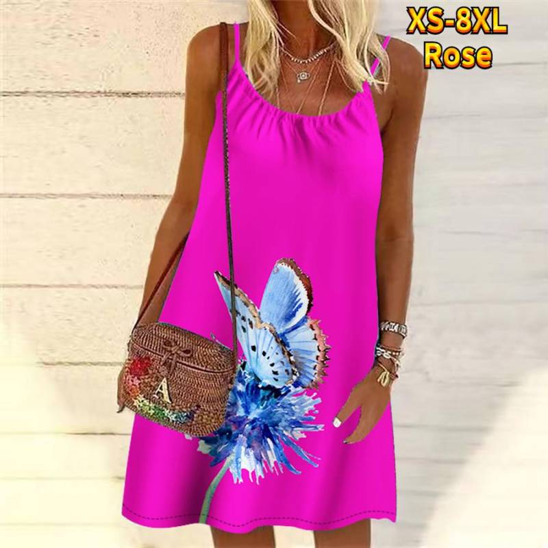 Frauen Blume Schmetterling Bestäubung Gedruckt Mini Kleid Ärmelloses Party Kleid Sommer Strand Kleid Sommerkleid XL von Joom DACH