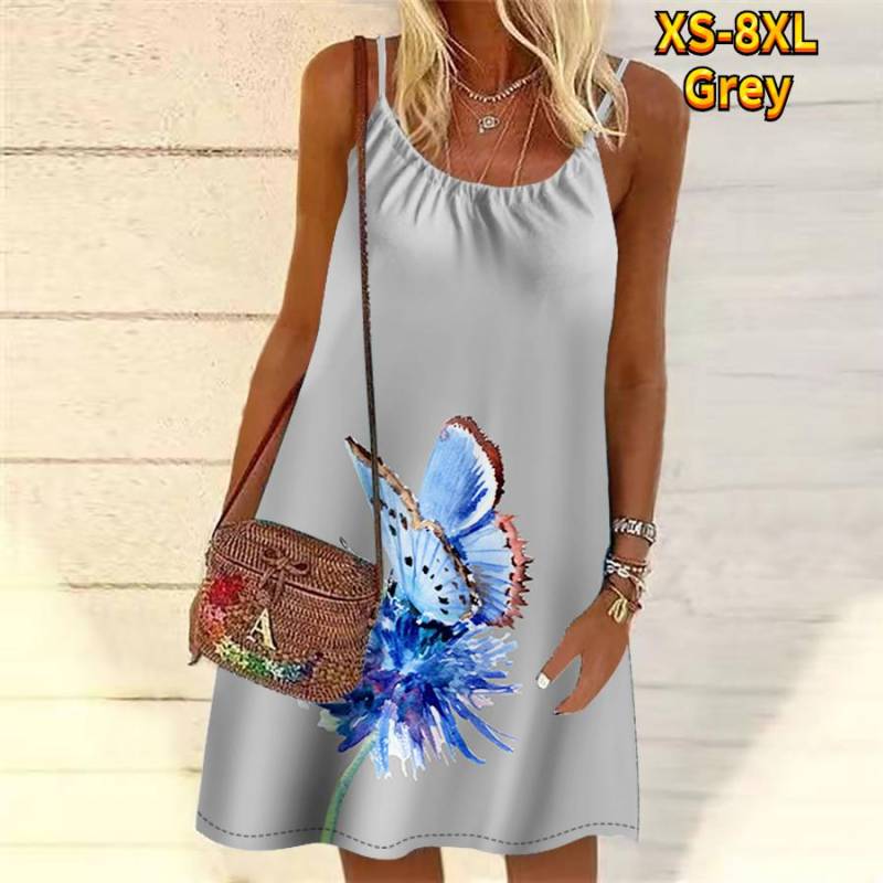 Frauen Blume Schmetterling Bestäubung Gedruckt Mini Kleid Ärmelloses Party Kleid Sommer Strand Kleid Sommerkleid XXL von Joom DACH
