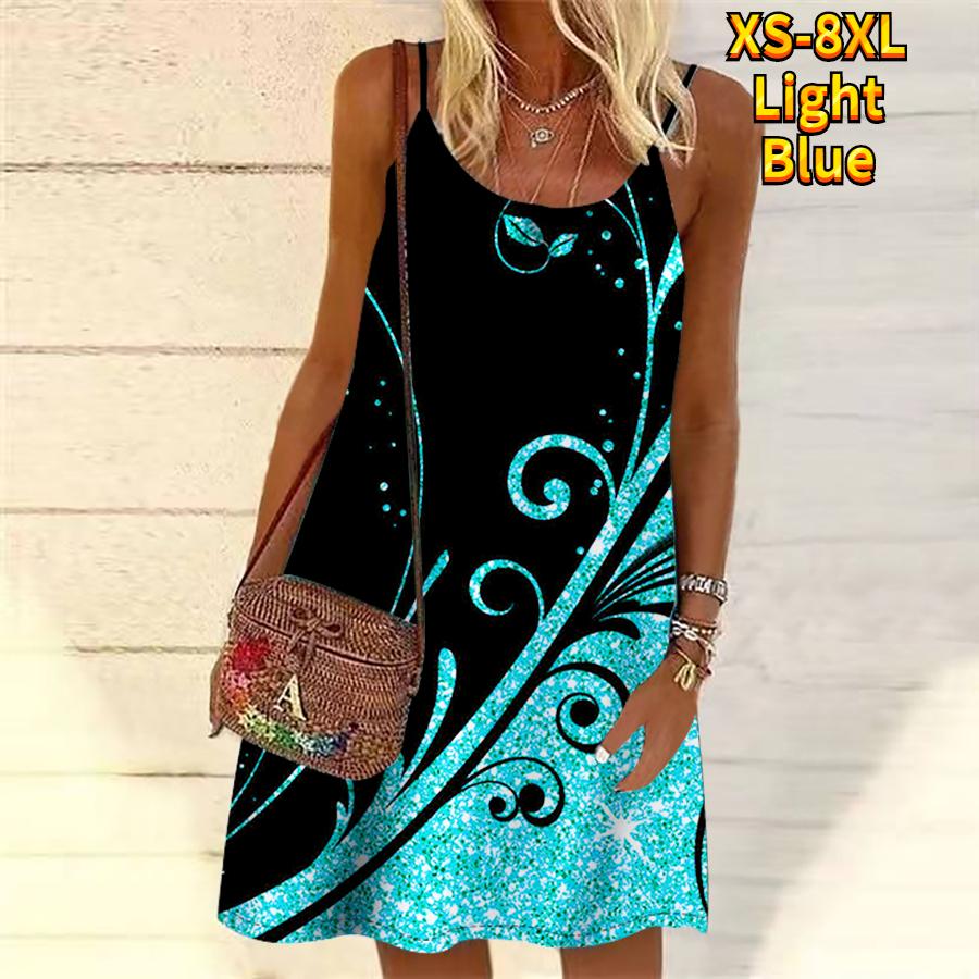 Frauen Blumenlinie Gras Bedruckte Pailletten Bedrucktes Minikleid Ärmelloses Partykleid Sommer Strandkleid Sommerkleid M hellblaue von Joom DACH