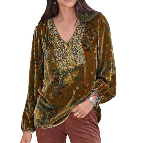 Frauen Bluse Vintage Print V-ausschnitt Langarm Elastische Manschette Streetwear Frühling Herbst Lose Samt T-shirt Pullover Frauen Kleidung 4XL gelb von Joom DACH