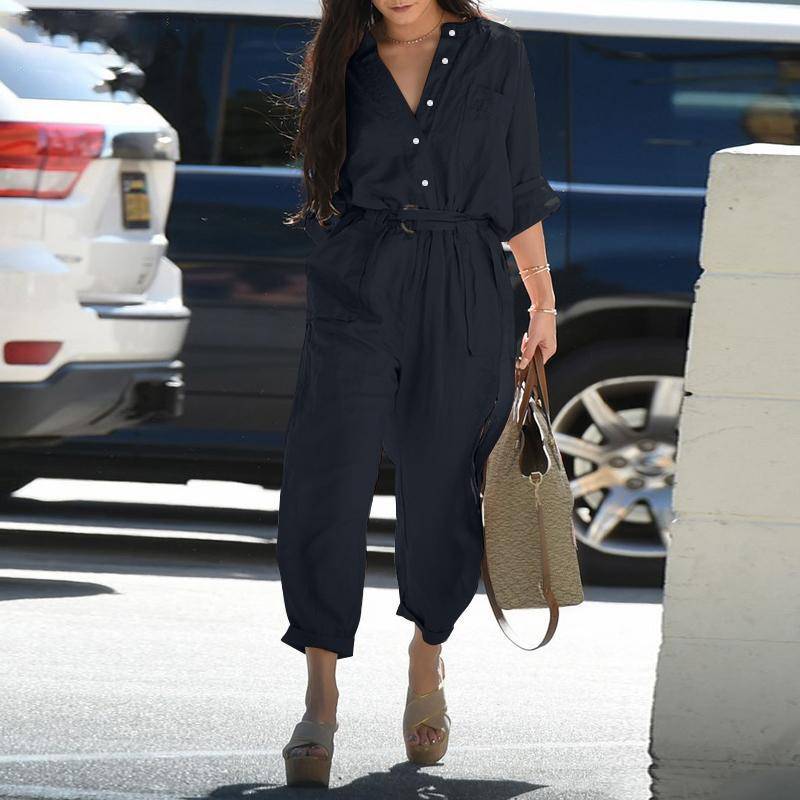 Frauen Cargo Overalls Herbst Weibliche Taste Langarm Tasche Breite Bein Hose Overalls S schwarz von Joom DACH