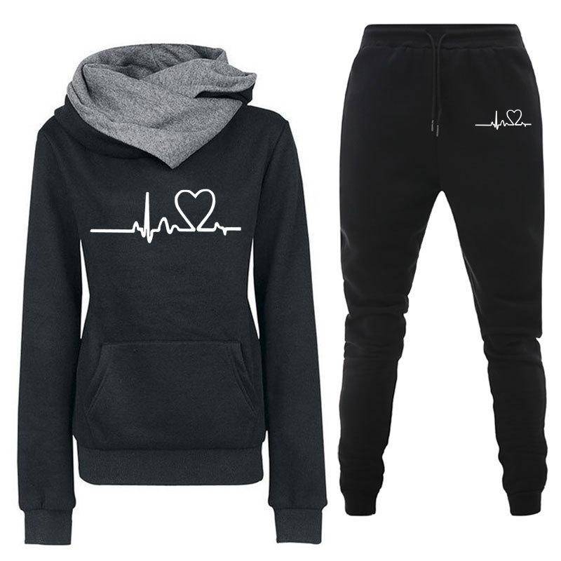 Frauen Casual 2 Stück Set Sport Trainingsanzug Langarm Hoher Kragen Hoodies Hosen Jogging Anzüge Sportswear M schwarz von Joom DACH