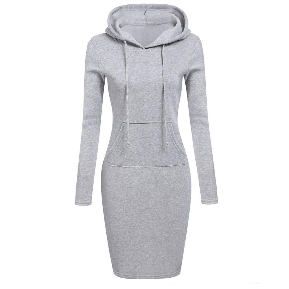 Frauen Casual Kleid Langarm Kapuzenpullover Taschen Pullover Tops XL grau von Joom DACH