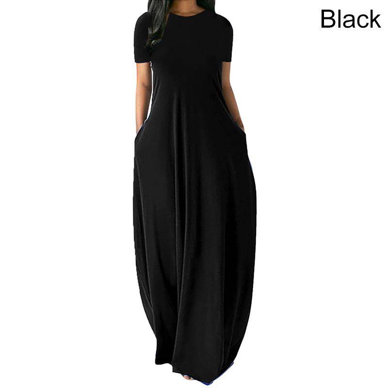 Frauen Casual Lose O-ansatz Lange Kleider Kurzarm Sommer Strand Kleid Elegante Abend Party Kleid 2XL schwarz von Joom DACH