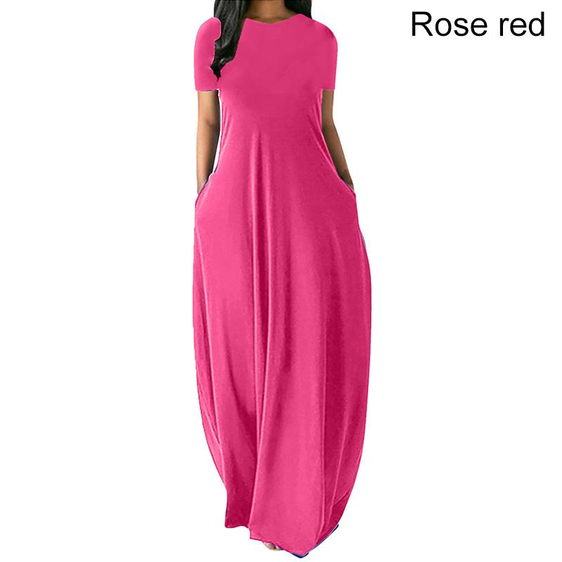 Frauen Casual Lose O-ansatz Lange Kleider Kurzarm Sommer Strand Kleid Elegante Abend Party Kleid 3XL rose rot von Joom DACH