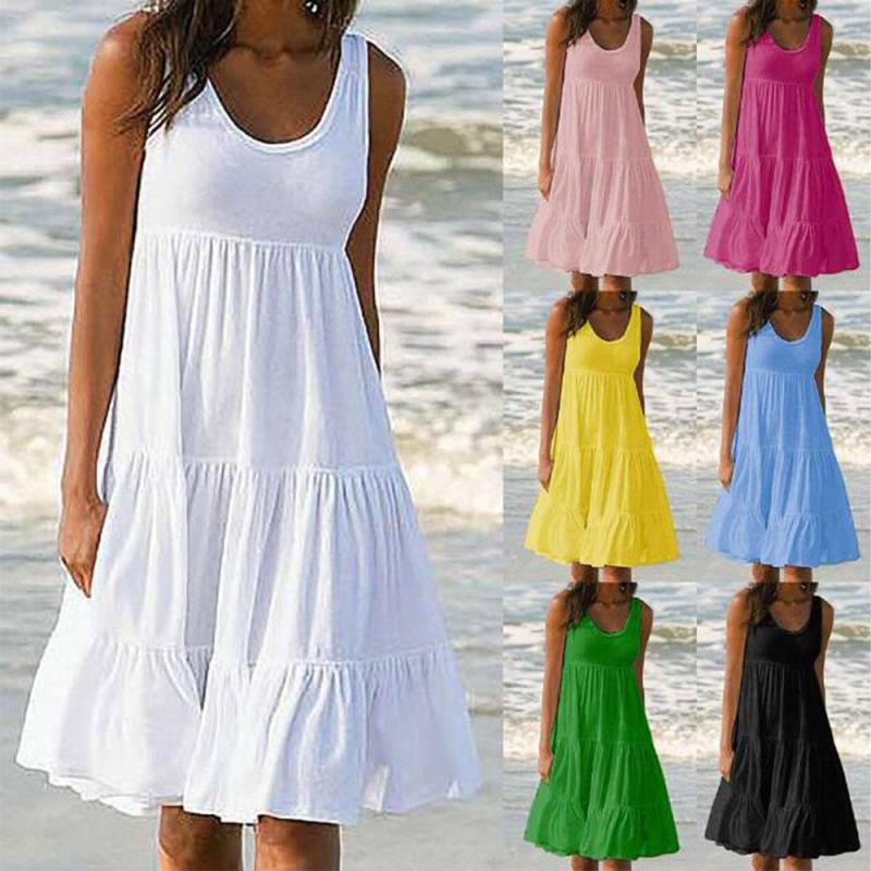 Frauen Casual O Neck Ärmellose Rüschen Mini Kleid Boho Solide Strand Sommerkleid Übergroßen Lose Kleid Sommer M von Joom DACH