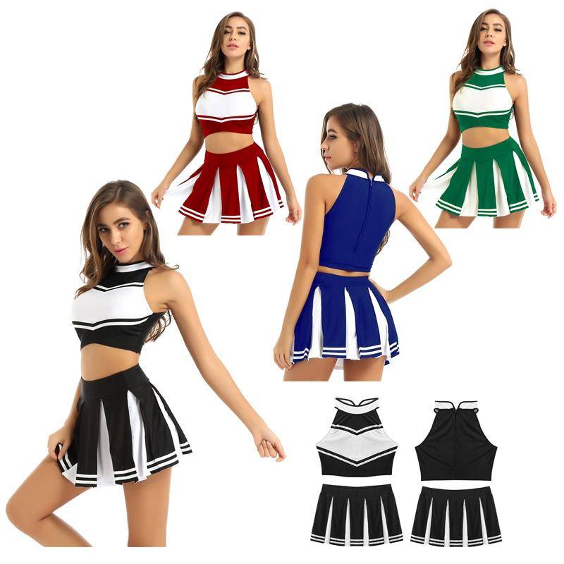 Frauen Cheer Leader Kostüm Uniform Cheerleading Erwachsene Cosplay Outfit Crop Top mit Falten Minirock S rot von Joom DACH