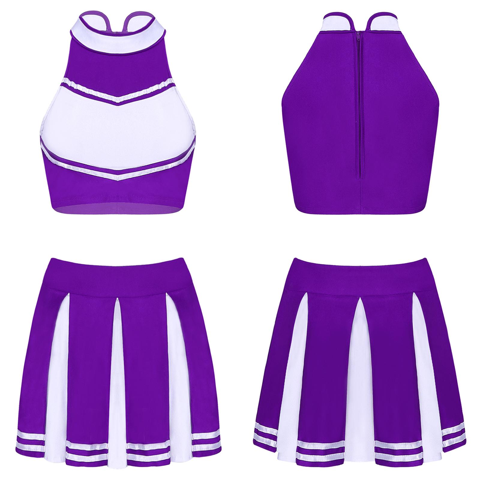 Frauen Cheer Leader Kostüm Uniform Cheerleading Erwachsene Cosplay Outfit Crop Top mit Falten Minirock XXL violett von Joom DACH