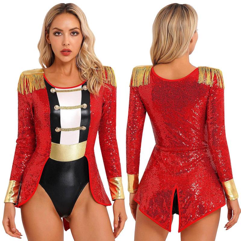 Frauen Cosplay Zirkus Kostüm Quaste Pailletten Motto Party Zirkusdirektor Bodysuit Overall S rot von Joom DACH