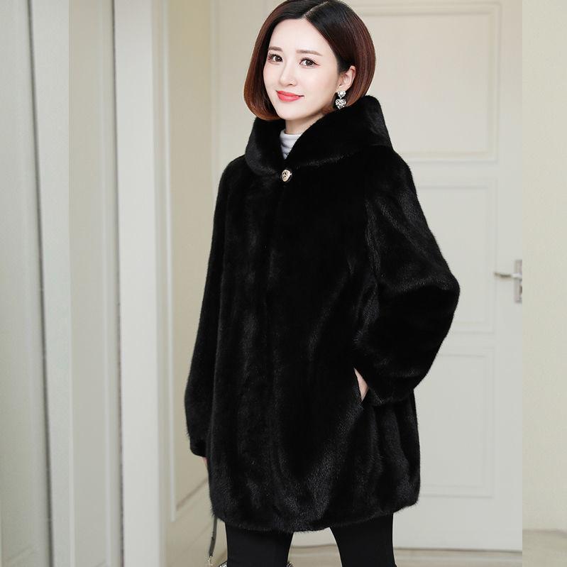Frauen Dicke Warme Outwear Mit Kapuze Mid Länge Faux Pelzmantel Weibliche Parka Herbst Winter Nachahmung Nerz Samt Mantel XXXXXL schwarz von Joom DACH