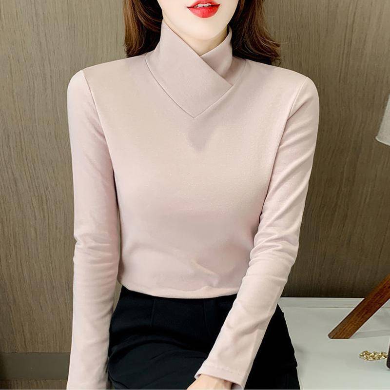 Frauen Dünnes Hemd Koreanische Mode Herbst Langarm Top Weibliche Warm Halten Elegante Pullover XXL von Joom DACH