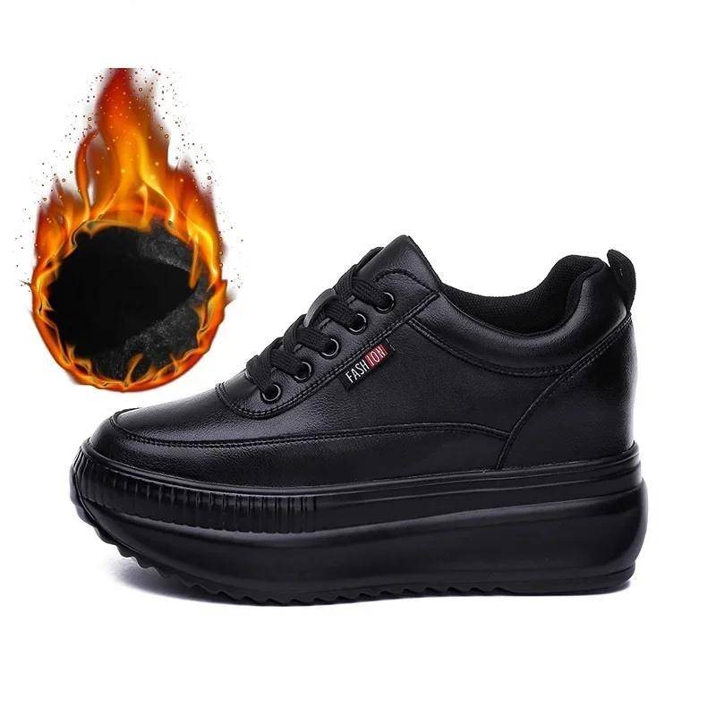 Frauen Echtes Leder Casual Schwarze Schuhe Plattform Keil Weibliche Frauen 8CM High Fashion Sneakers Chunky Frühling Herbst Schuhe 38 von Joom DACH