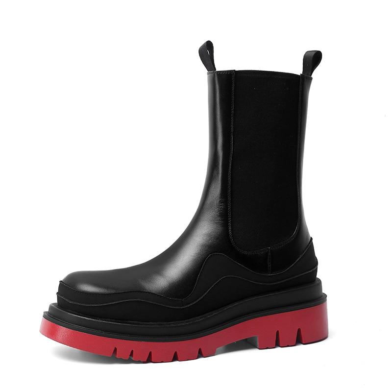 Frauen Echtes Leder Dicken Boden Frühling Herbst Mid Stiefel Schuhe Elastische Kampfstiefel 39 rot von Joom DACH